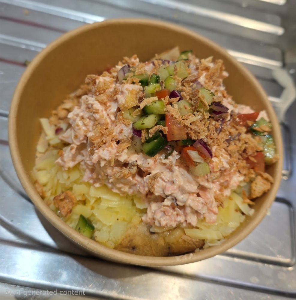 Overhead close-up of a jacket potato bowl piled with tuna mayo, diced cucumber, tomato and red onion